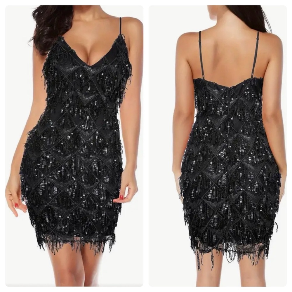 Black Sequin V Neck Tassel Mini Dress